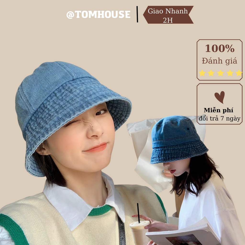 Mũ bucket vải bò, nón tai bèo rộng vành trơn màu dáng tròn nhỏ có dây rút dành cho nam nữ thời trang Unisex Tom House