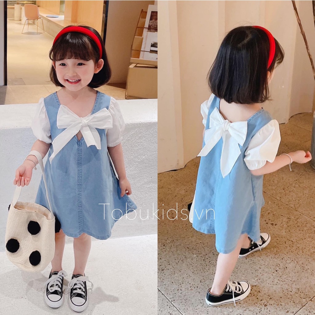 Váy Bé Gái Thắt Nơ Tay Bồng Chất Bò Mềm Siêu Xinh (Kèm Video + Ảnh thật)