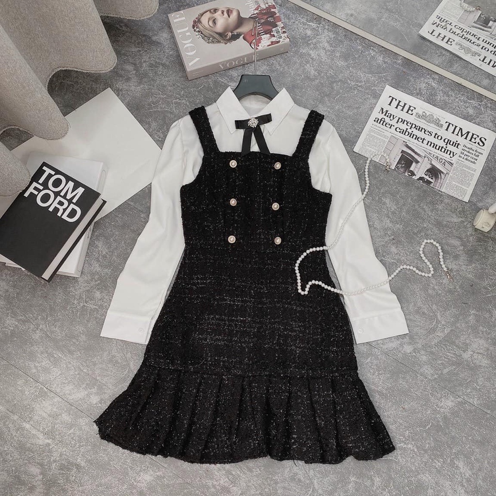 Sset yếm dạ_Váy dạ tweed, phối sơ mi kèm tag nơ