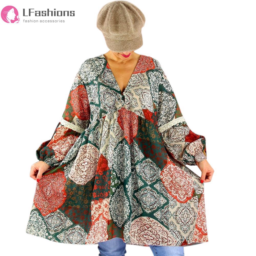 Autumn Women V-neck Bohemia Print Dress Lantern Sleeve Loose Long Section Tops | BigBuy360 - bigbuy360.vn