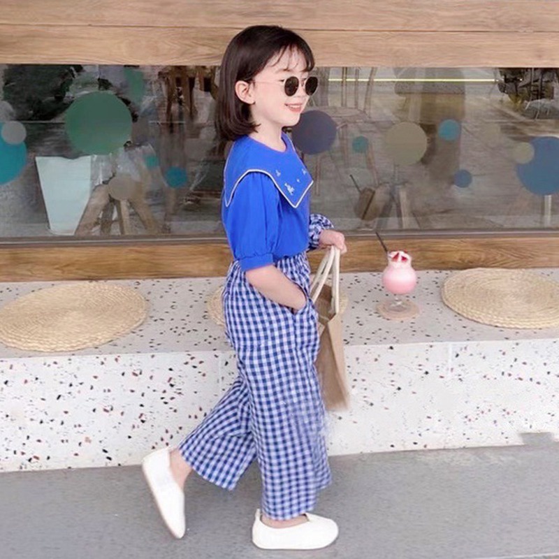 Se7en Set Áo Sơ Mi Ngắn Tay Màu Trơn + Quần Thời Trang Hè Hàn Quốc Cho Bé Gái