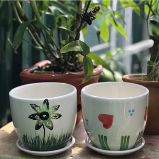[Xinh Garden] Chậu Hoa Sứ Kèm Đĩa Lót