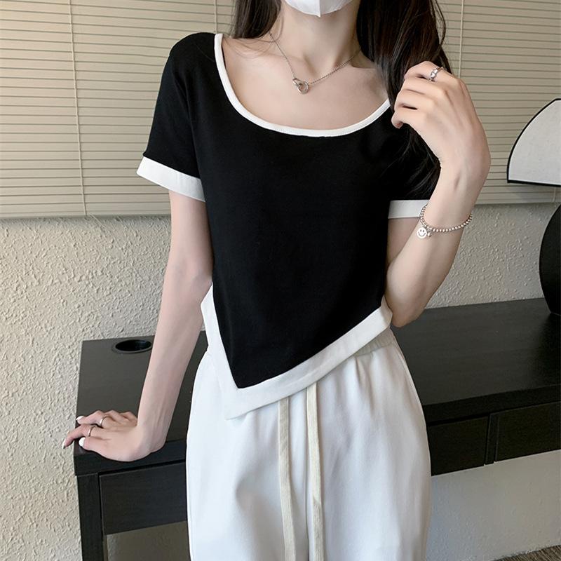 Áo Thun Tay Ngắn Trễ Vai Màu Sắc Tương Phản Thời Trang Mùa Hè Dành Cho Nữ