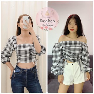 [Ảnh thật] Áo croptop caro tay phồng cổ u rút dây 2 bên ulzzang