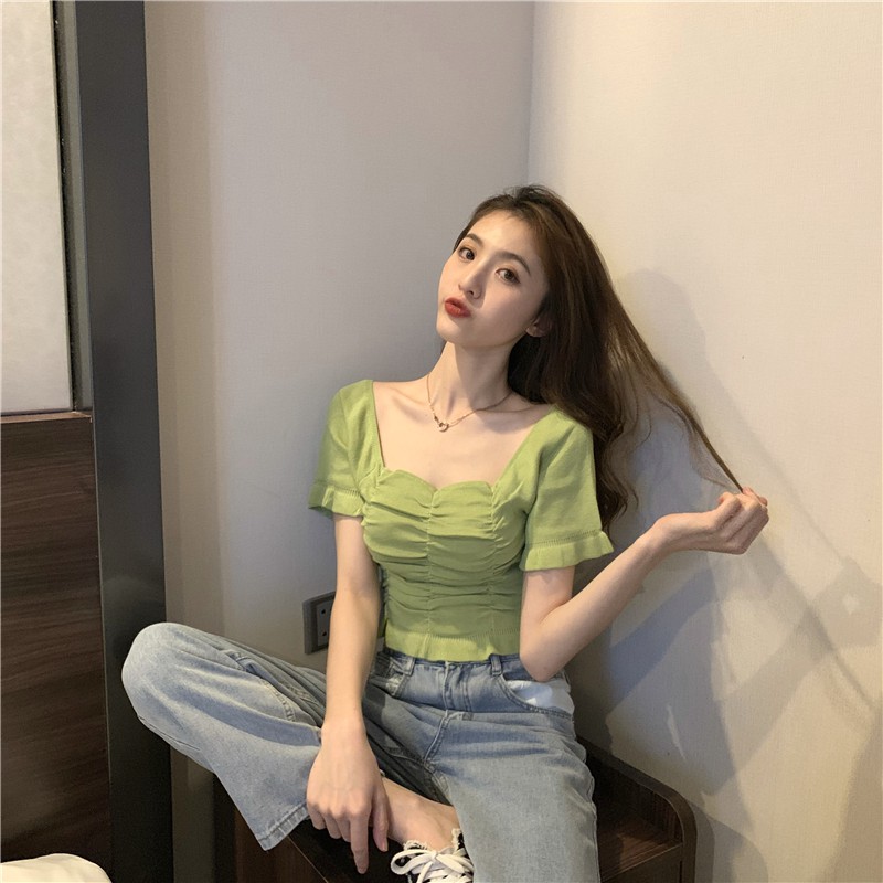 Áo cổ vuông rúm ngực chất len tăm co giãn Hàn Quốc, Áo peplum ulzzang nhún freesize điệu đà cực xinh tôn dáng | BigBuy360 - bigbuy360.vn
