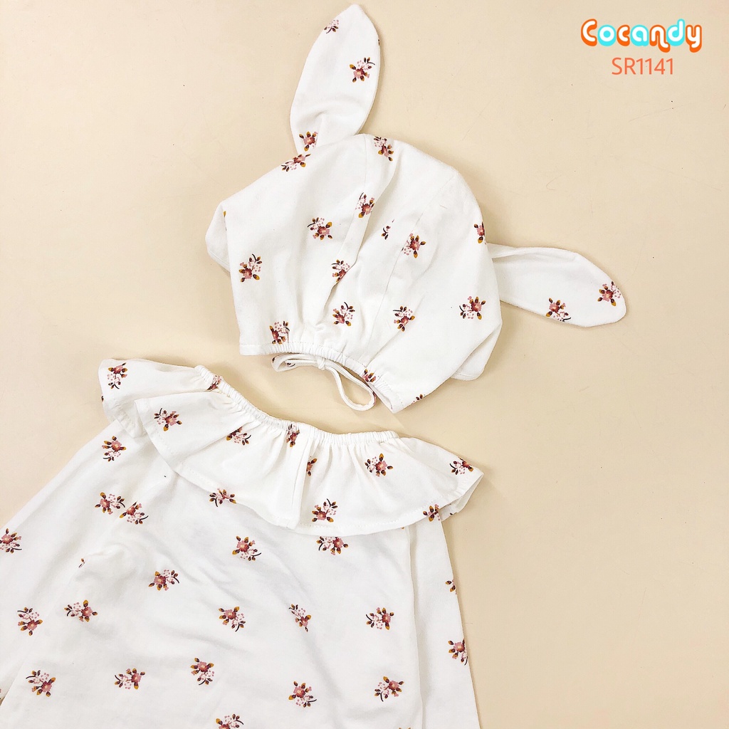 Set bodysuit thun hoa nhí TRẮNG cổ bèo+ mũ của COCANDY mã SR114100