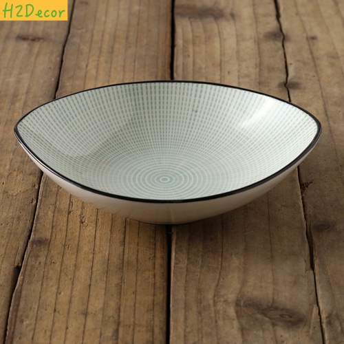 Đĩa gốm Oval hoạ tiết kẻ tráng men cao cấp phong cách Nhật Bản-H2Decor