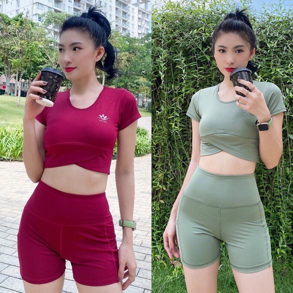 Bộ tập gym nữ, đồ tập gym nữ cộc tay xoắn bụng chất đẹp có kèm mút BT07