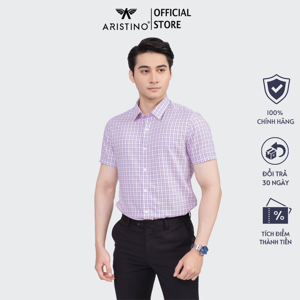 Áo sơ mi nam ngắn tay ARISTINO phom Slim fit, họa tiết kẻ caro hồng trẻ trung, năng động - ASS212S2