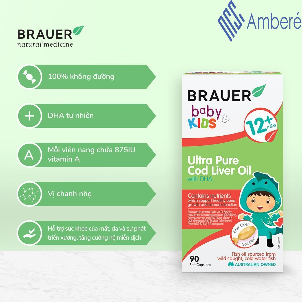 Viên uống bổ sung DHA Brauer Baby &amp; Kids Ultra Pure Cod Liver Oil cho trẻ từ 12 tháng hộp 90 viên