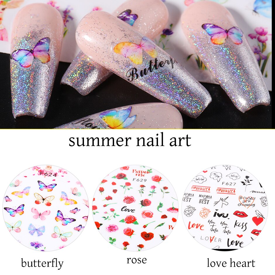 Nhãn dán trang trí móng tay in họa tiết bươm bướm/hoa hồng 3D nhiều màu sắc