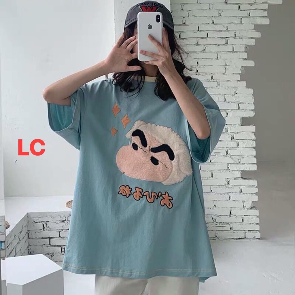 Áo phông tay lỡ form rộng dáng unisex thêu Shin Bút Chì nam nữ oversize basic tee thun 360 dáng xuông