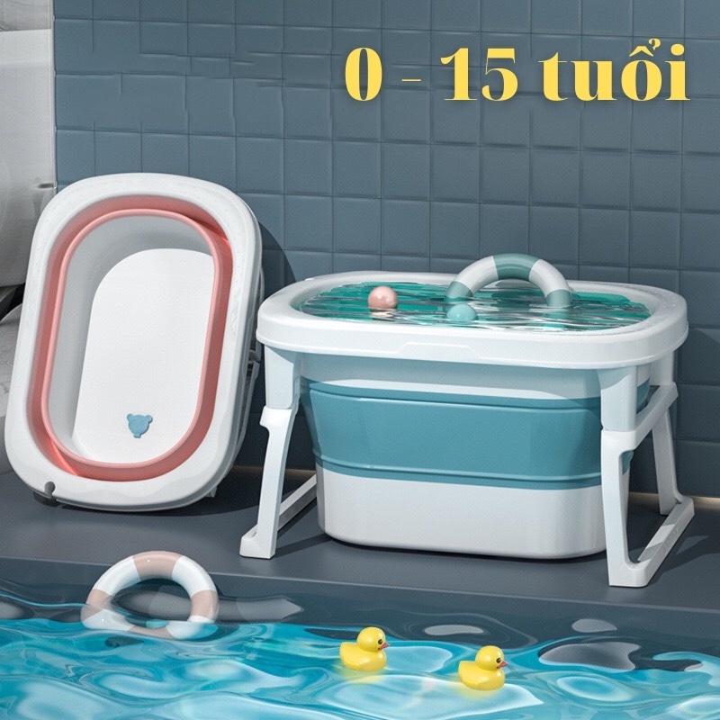 (Loại lớn, dày) Thau tắm, bồn tắm, chậu tắm cho bé gấp gọn từ 0-10 tuổi, có 2 nấc, có rãnh cắm vòi sen tiện lợi cho bé