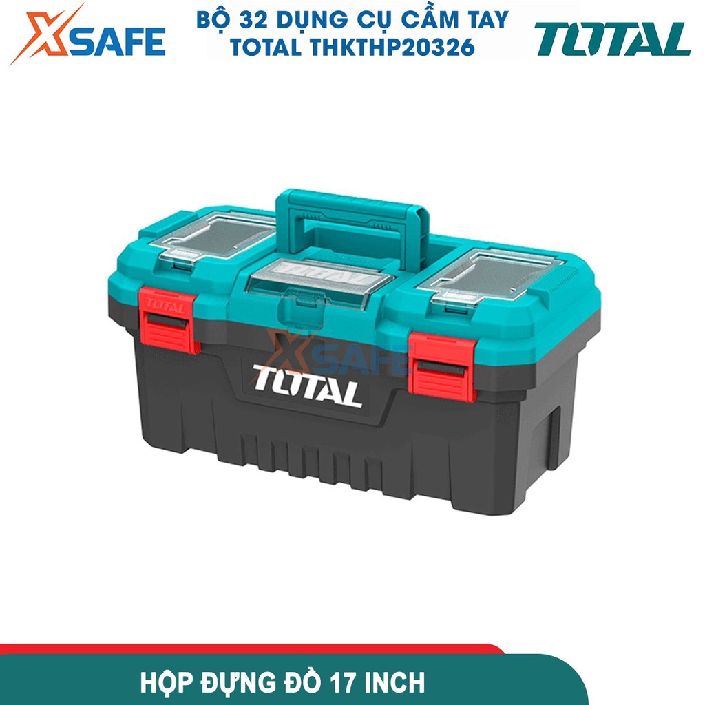 Bộ 32 dụng cụ cầm tay TOTAL THKTHP20326, hộp đựng 17inch gồm kềm, mỏ lết, tua vít, búa, khung cưa, kéo, thước cuộn...