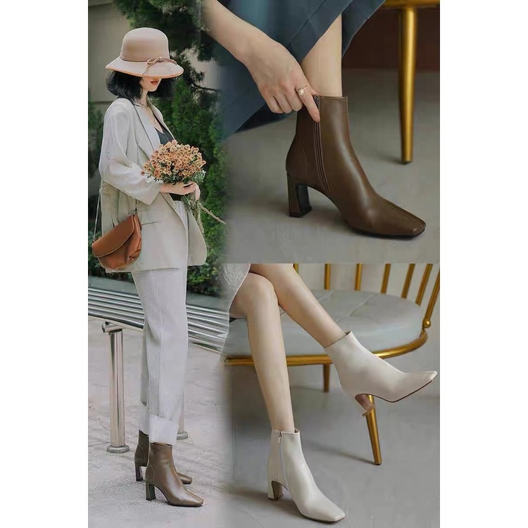 Giày Boots Cao Gót Mũi Vuông Thời Trang Cá Tính Cho Nữ