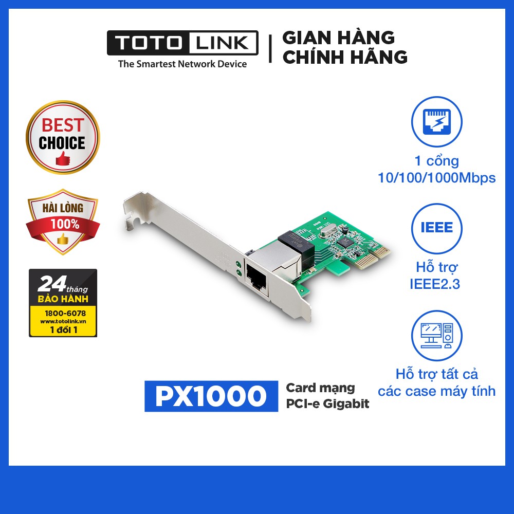 Card mạng PCI-e Gigabit TOTOLINK PX1000 Tương thích các loại Case máy tính cài đặt đơn giản Hàng chính hãng