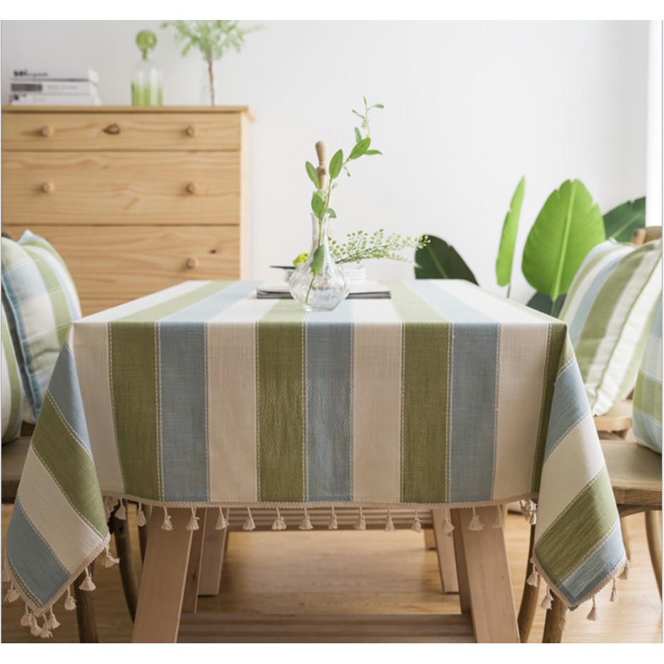 Khăn trải bàn vintage vải bố 140x180cm - sọc xanh lá