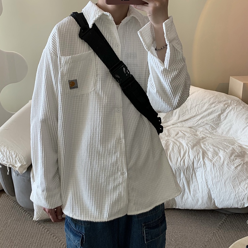 Áo sơ mi tay dài bằng vải nhung dáng rộng kiểu dáng thời trang mùa thu phong cách Hàn Quốc cho nam