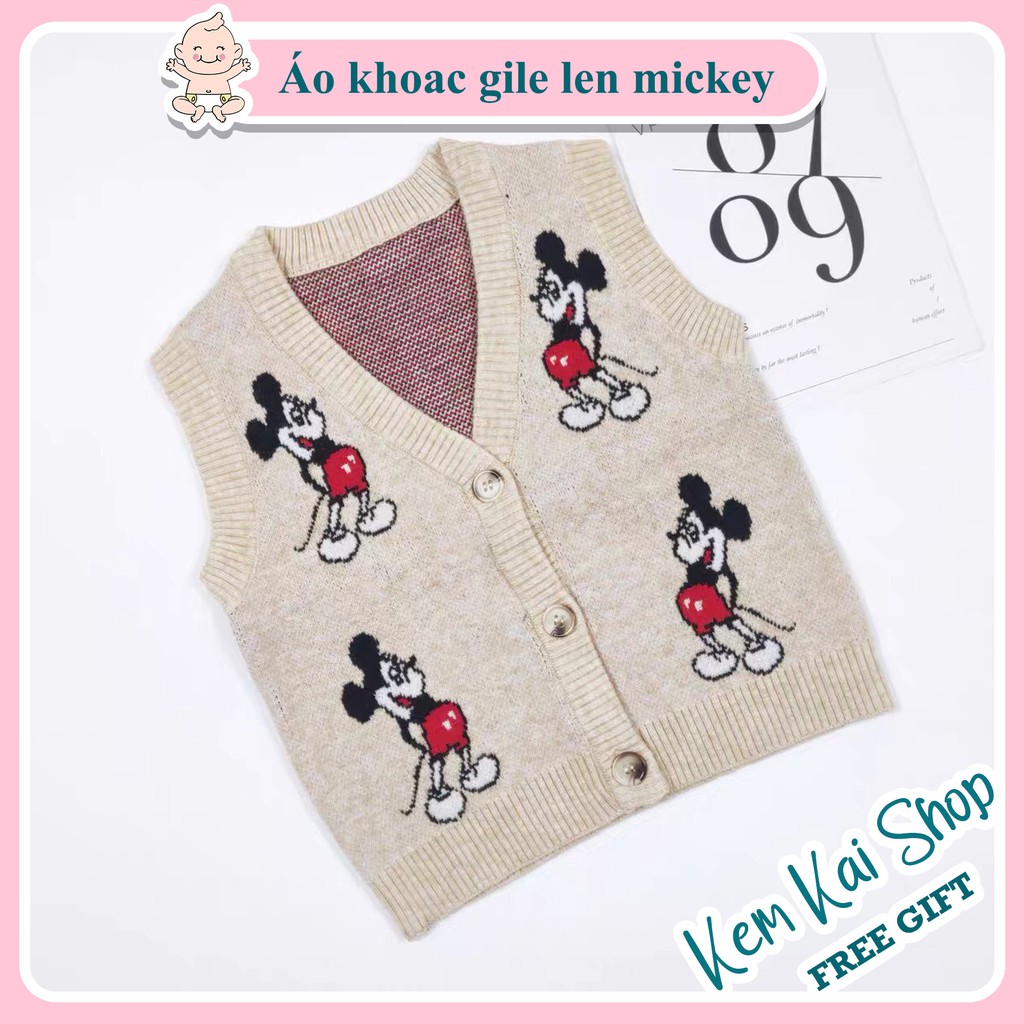 Áo khoác len gile, áo khoác không tay len cho bé in hình Mickey