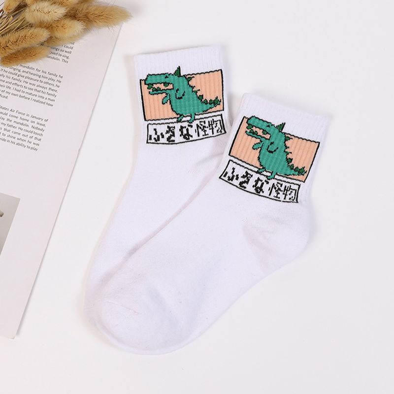 Set 5 Đôi Vớ Dài In Họa Tiết Khủng Long Hoạt Hình Vui Nhộn Phong Cách Harajuku Cho Nữ