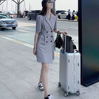 Đầm váy cổ vest xám nút đen (kèm hình thật)