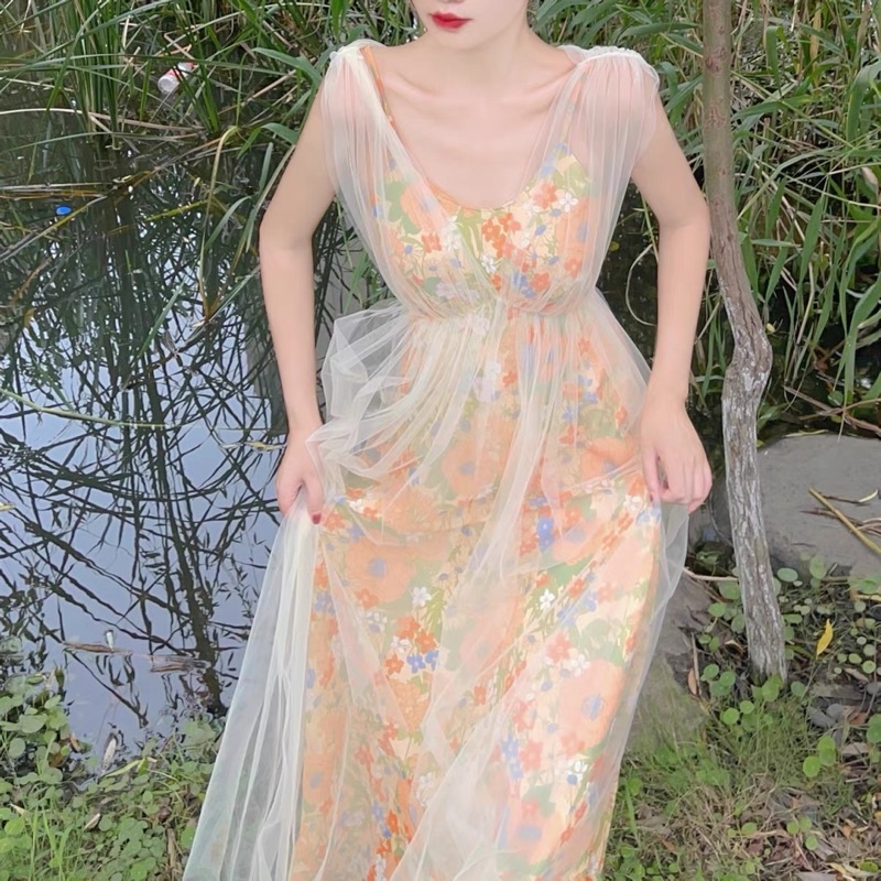 Váy hoa phối dây voan