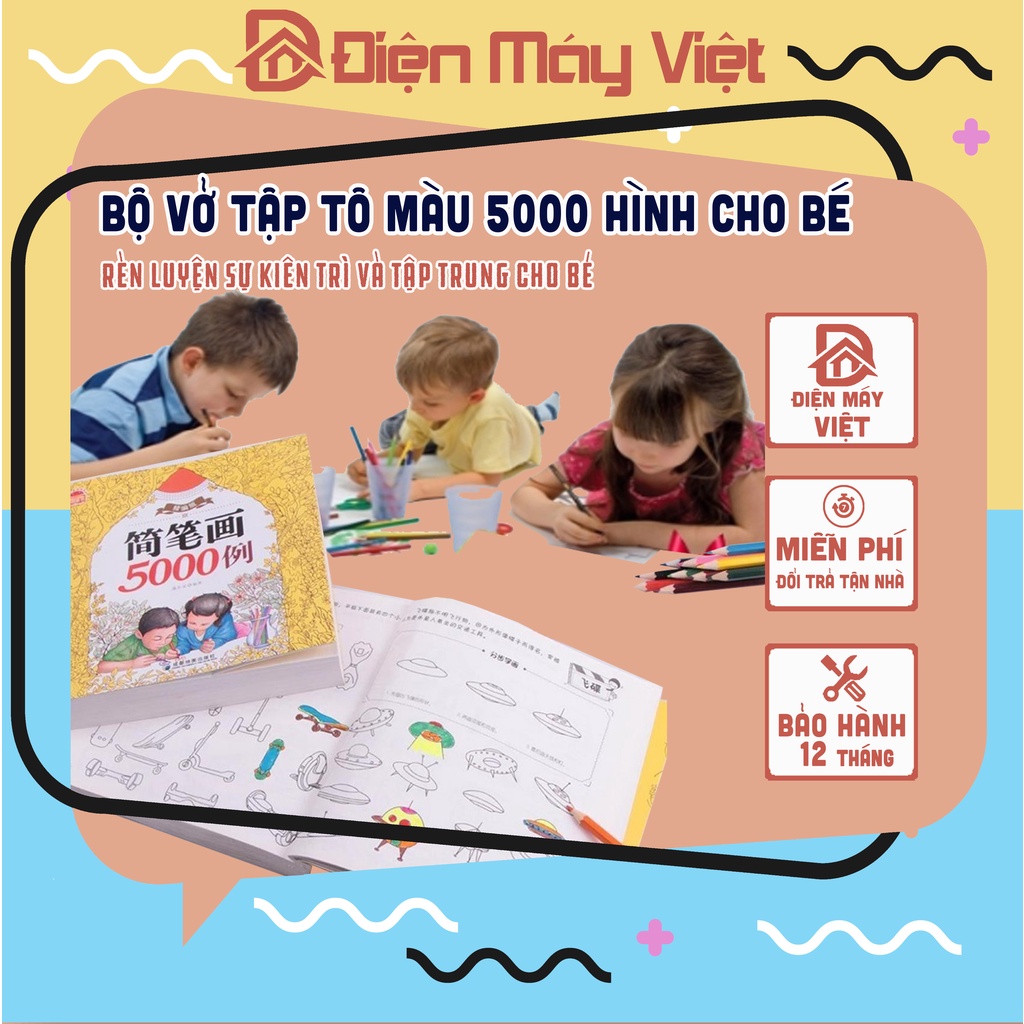 Bộ Vở Tập Tô Màu 5000 Hình Dành Cho Bé, Tặng Kèm Bộ Chì Màu 12 Cây, Món Quà Ý Nghĩa Mẹ Dành Cho Bé