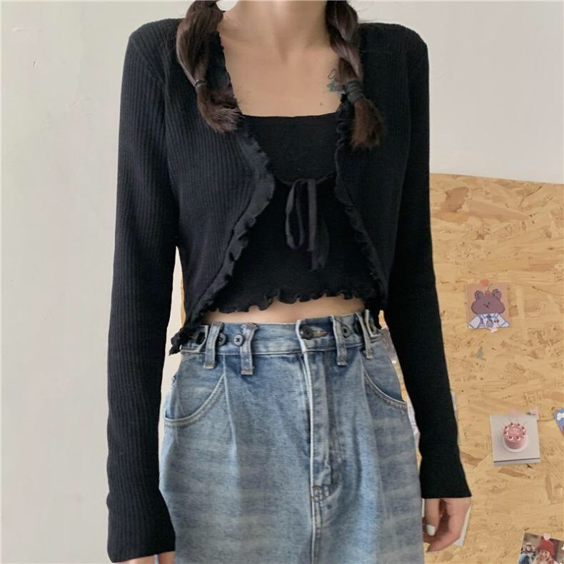 SET CARDIGAN TĂM MỎNG + ÁO QUÂY NỮ ĐEN TRẮNG - CROPTOP THIẾT KẾ DÂY VIỀN BÈO TIỂU THƯ Ulzzang - SET ÁO KHOÁC CROP CỘT BÈ