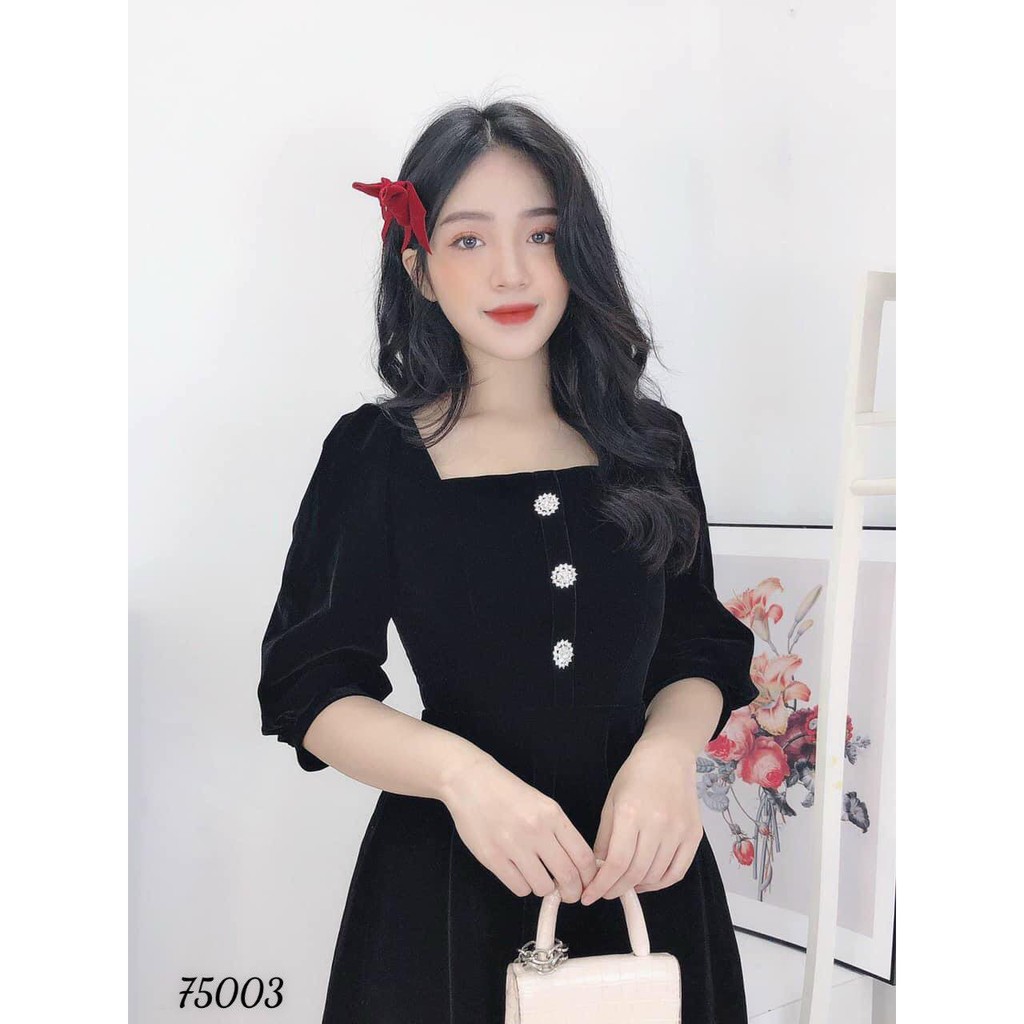 ĐẦM XÒE DỰ TIỆC CỔ VUÔNG PHỐI NÚT SIÊU DỄ THƯƠNG