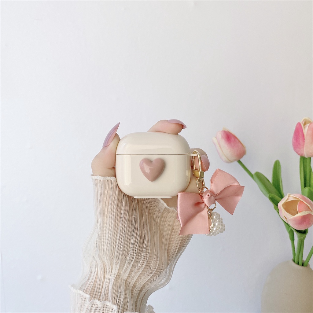 Vỏ Bảo Vệ Hộp Sạc Tai Nghe AirPods Pro 1 2 3 Hình Hộp Sữa Trái Tim Màu Trắng Kèm Dây Đeo Ốp