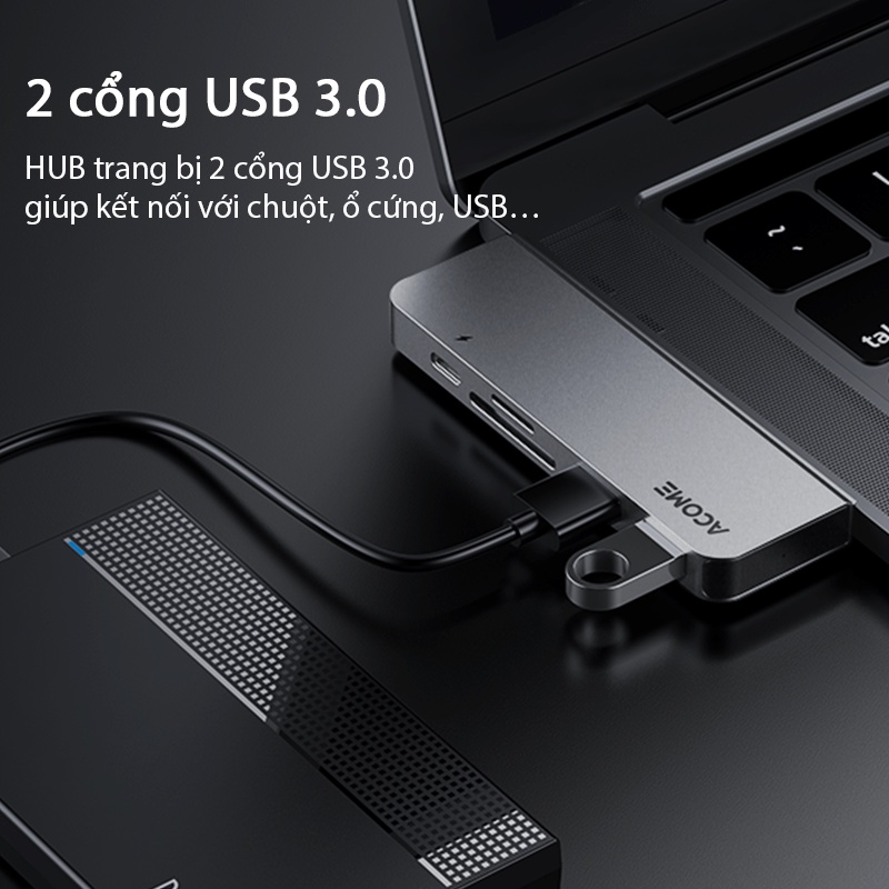 USB HUB Chuyển Đổi Acome AHT600 Dành Cho Macbook Chất Liệu Kim Loại Cao Cấp USB 3.0