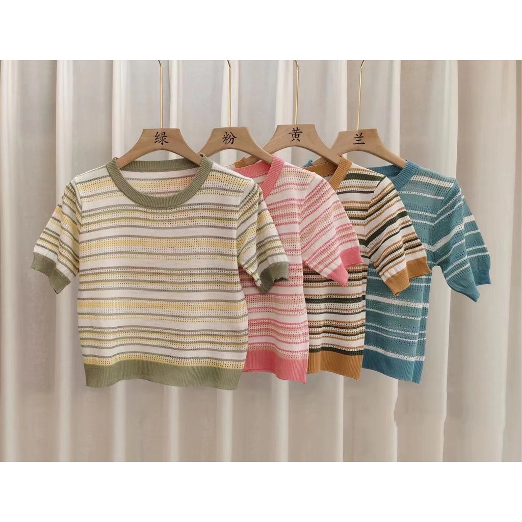 Áo Thun Mỏng Tay Ngắn Kẻ Sọc Thời Trang Mùa Hè 2022 Cho Nữ