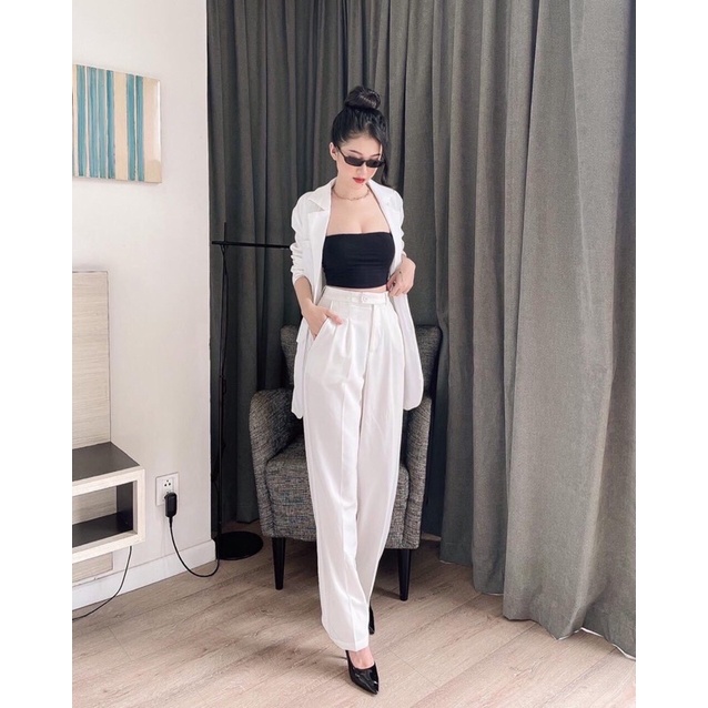 BỘ VEST TRẮNG SUÔNG DÀI+áo dây đen cropt 200222