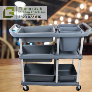 Xe đẩy thu gom chén dĩa, xe phục vụ nhà hàng (trọn bộ gồm thau đi kèm)