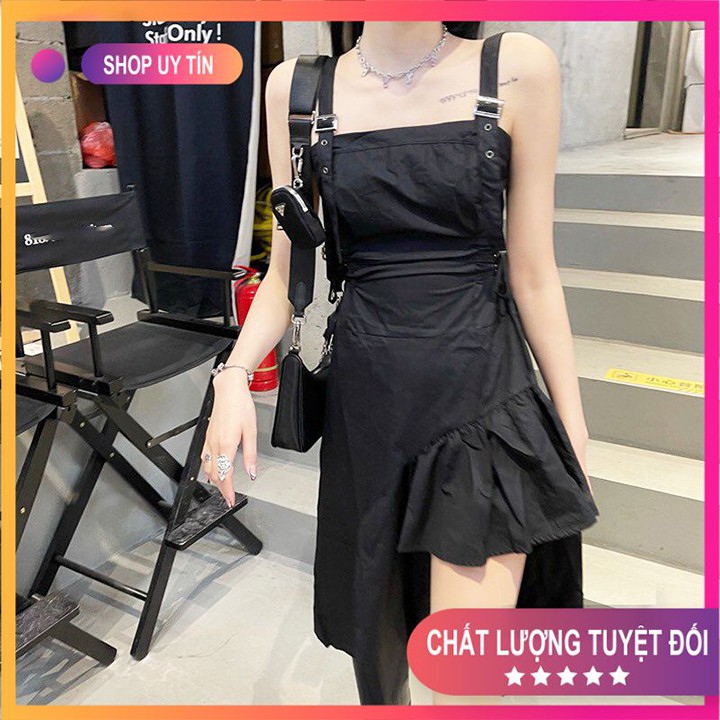 Váy Nữ 💦Váy 2 Dây💦 Freesize-có dây eo điều chỉnh (màu đen) trơn chất đẹp Guuz Mã SET01