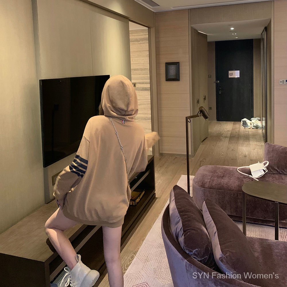 Áo Hoodie Nỉ Ngoại Tay Sọc Nâu Tây Phong Cách Đường Phố - Chống Nắng