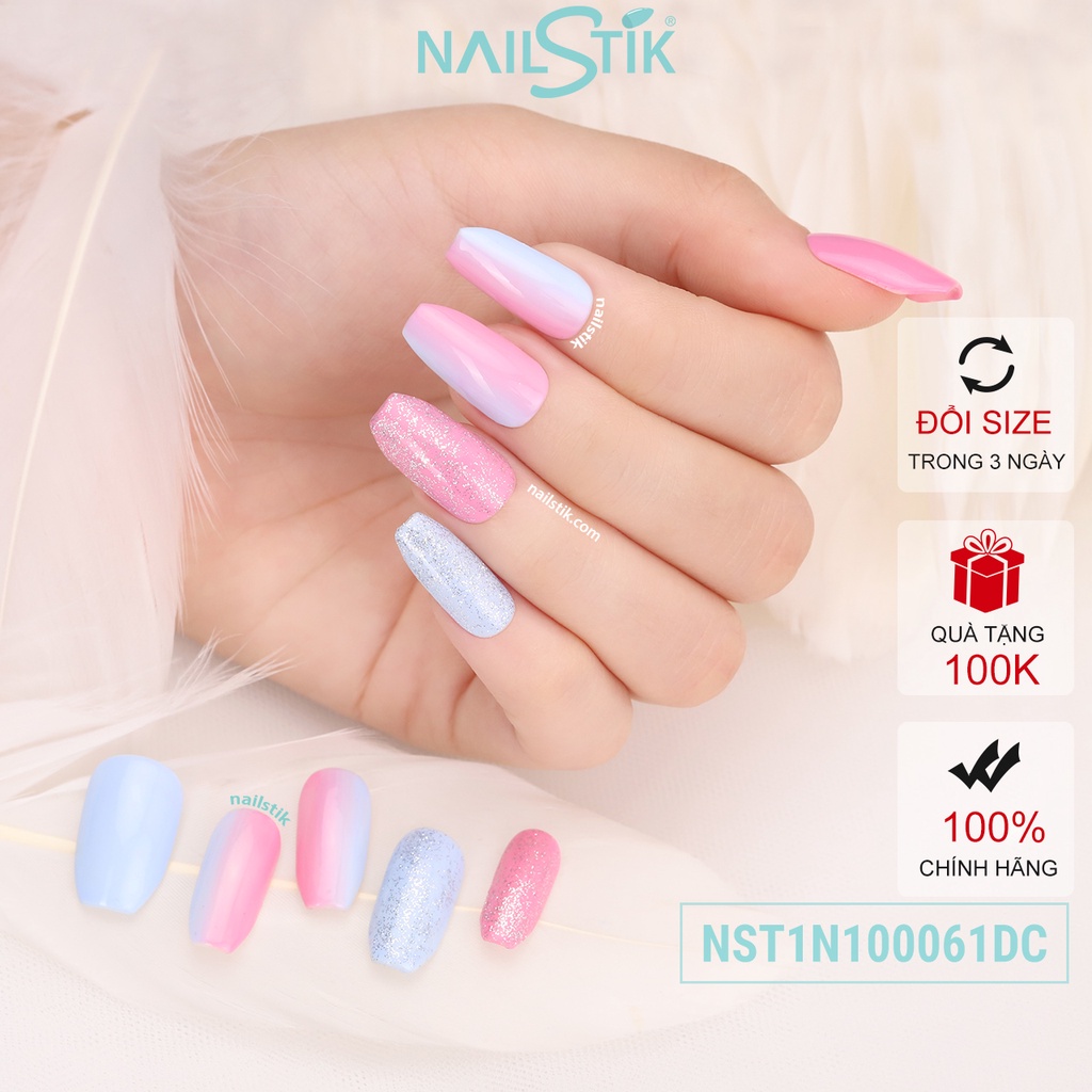 Móng úp thiết kế by NAILSTIK, màu hồng xanh, form móng coffin, dài, 061