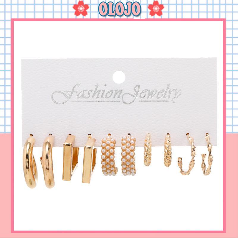 Bộ 5 Khuyên Tai Kim Loại Đính Hạt Ngọc Trai Phong Cách Vintage