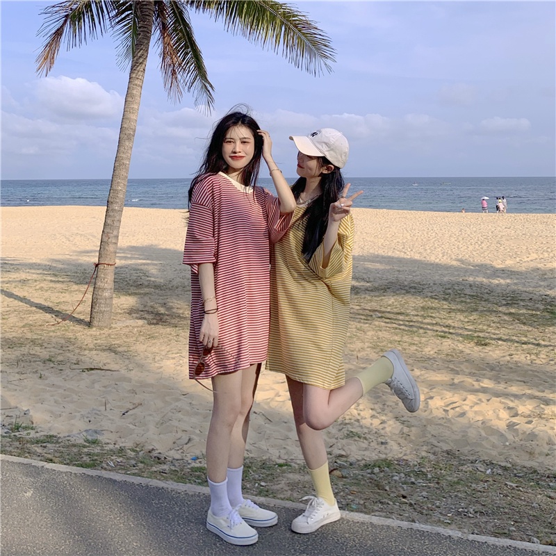 Áo thun IELGY ngắn tay dáng suông họa tiết kẻ sọc phong cách retro cho nữ