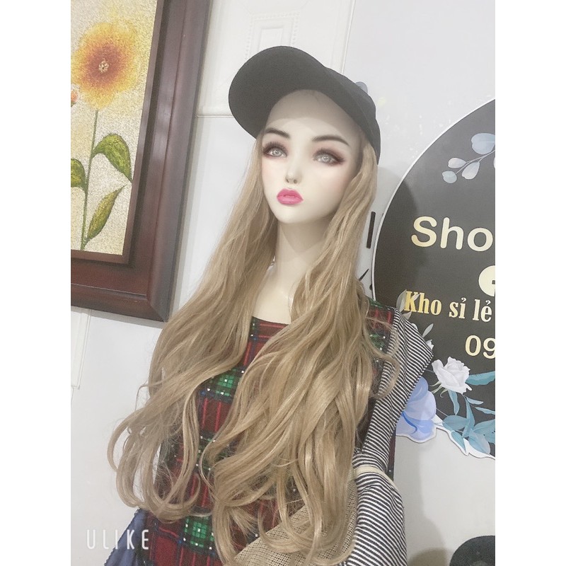 tóc giả gắn mũ kết đen xoăn dài