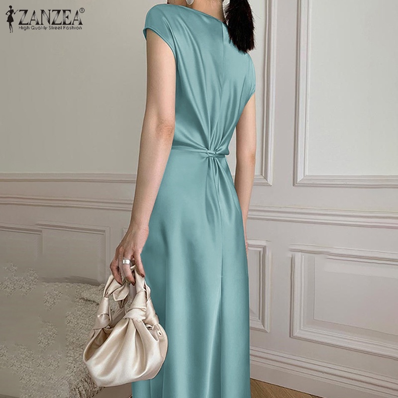 Đầm dài ZANZEA cổ tròn không tay màu trơn thắt lưng thắt nơ thời trang