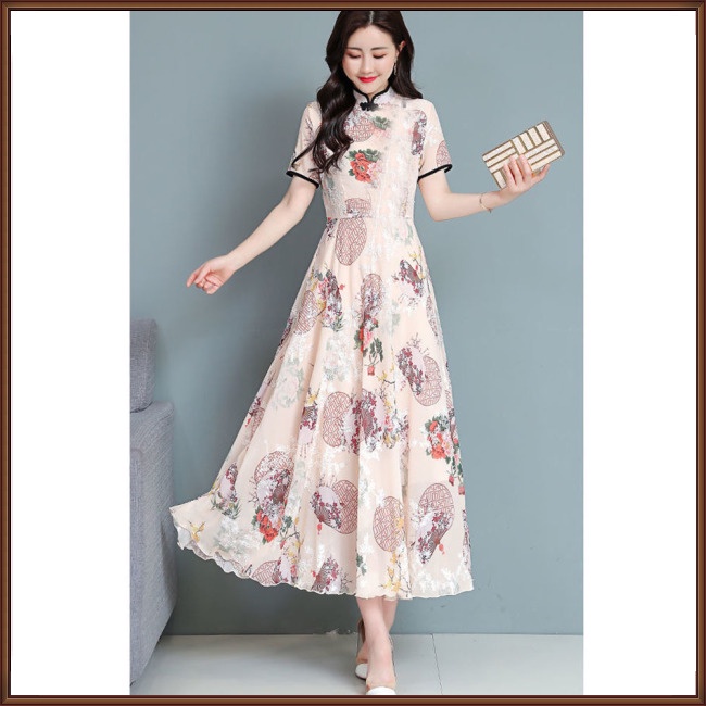 Đầm Sườn Xám Lưng Cao In Họa Tiết Hoa Phong Cách Trung Hoa Thời Trang Cho Phụ Nữ Trung Niên