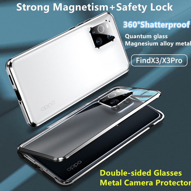 Ốp điện thoại kính cường lực hai mặt có khóa kim loại nam châm bảo vệ camera cho OPPO Find X3 Pro