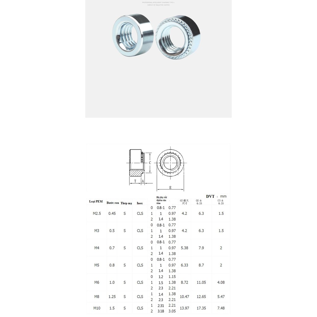 Combo 50c tán dập Pem M3, M4,M5,M6,M8 thép mạ