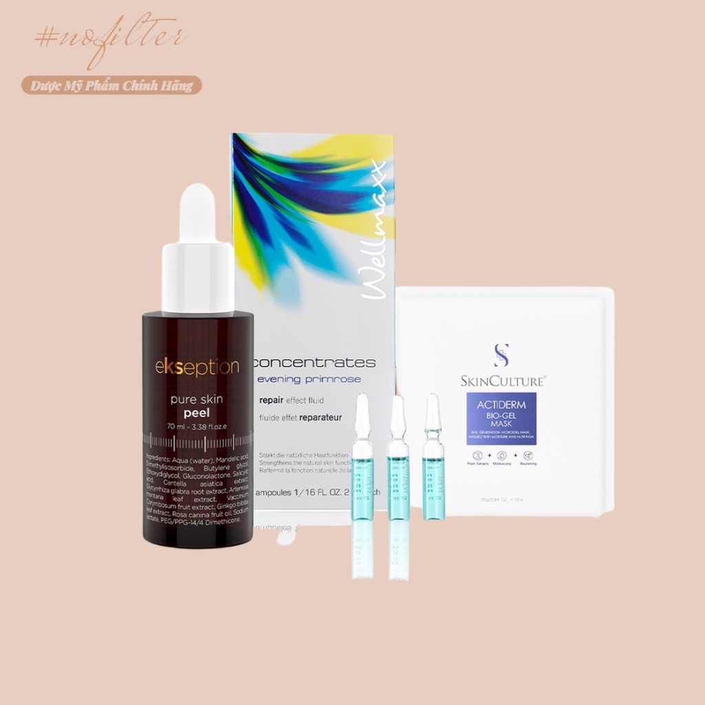 Bộ Peel da Pure Skin Peel Concentrates, Evening Primrose Repair Effect Fluid, Skinculture Actiderm Bio-Gel Mask