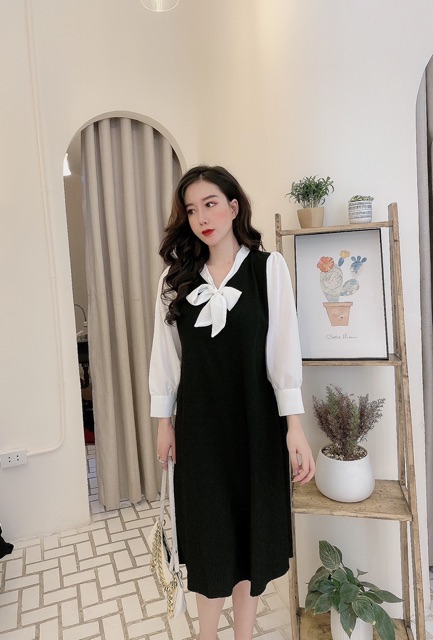 Váy đũi nơ dài tay phối mầu sang chảnh | BigBuy360 - bigbuy360.vn