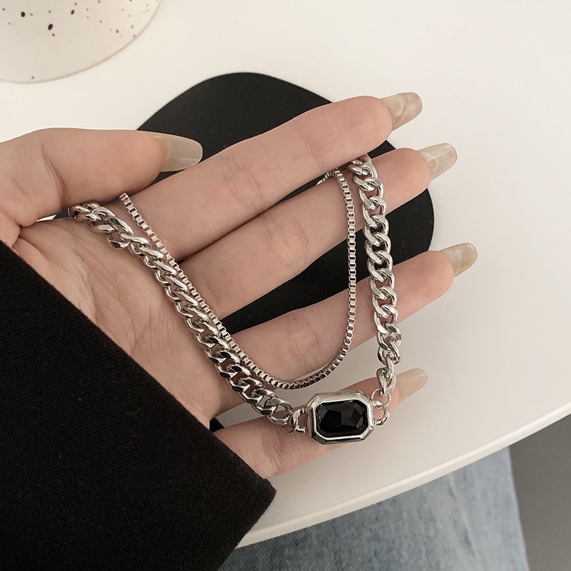 Vòng cổ Hai Lớp Đính Đá Đen Phong Cách Retro Hàn Quốc