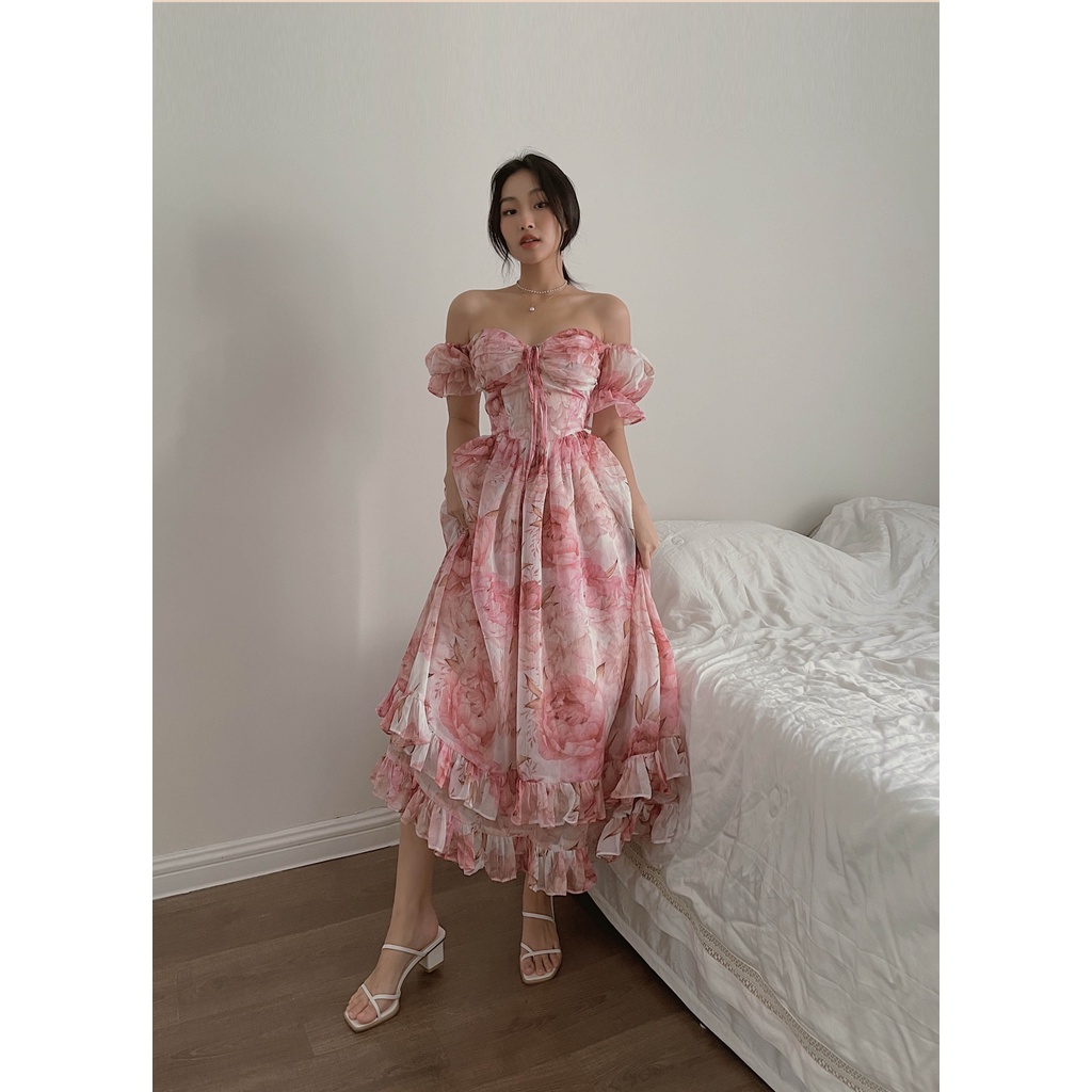 Đầm dài THE PEACHY Audrey Dress váy tơ hoa hồng Pháp | BigBuy360 - bigbuy360.vn