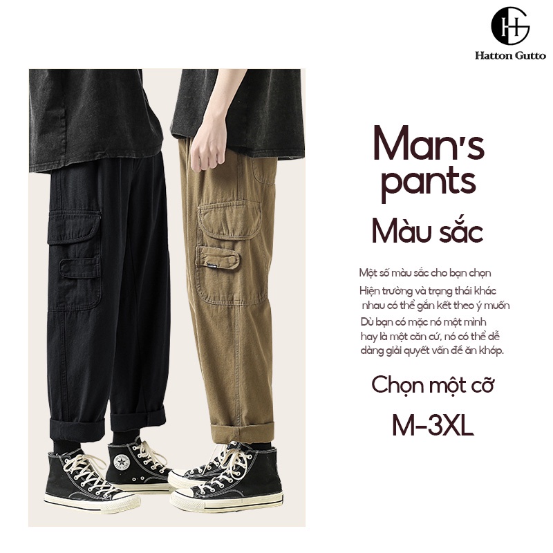 Quần túi hộp HATTON GUTTO bằng cotton dáng rộng nhiều túi màu trơn thời trang mùa hè size lớn cho nam
