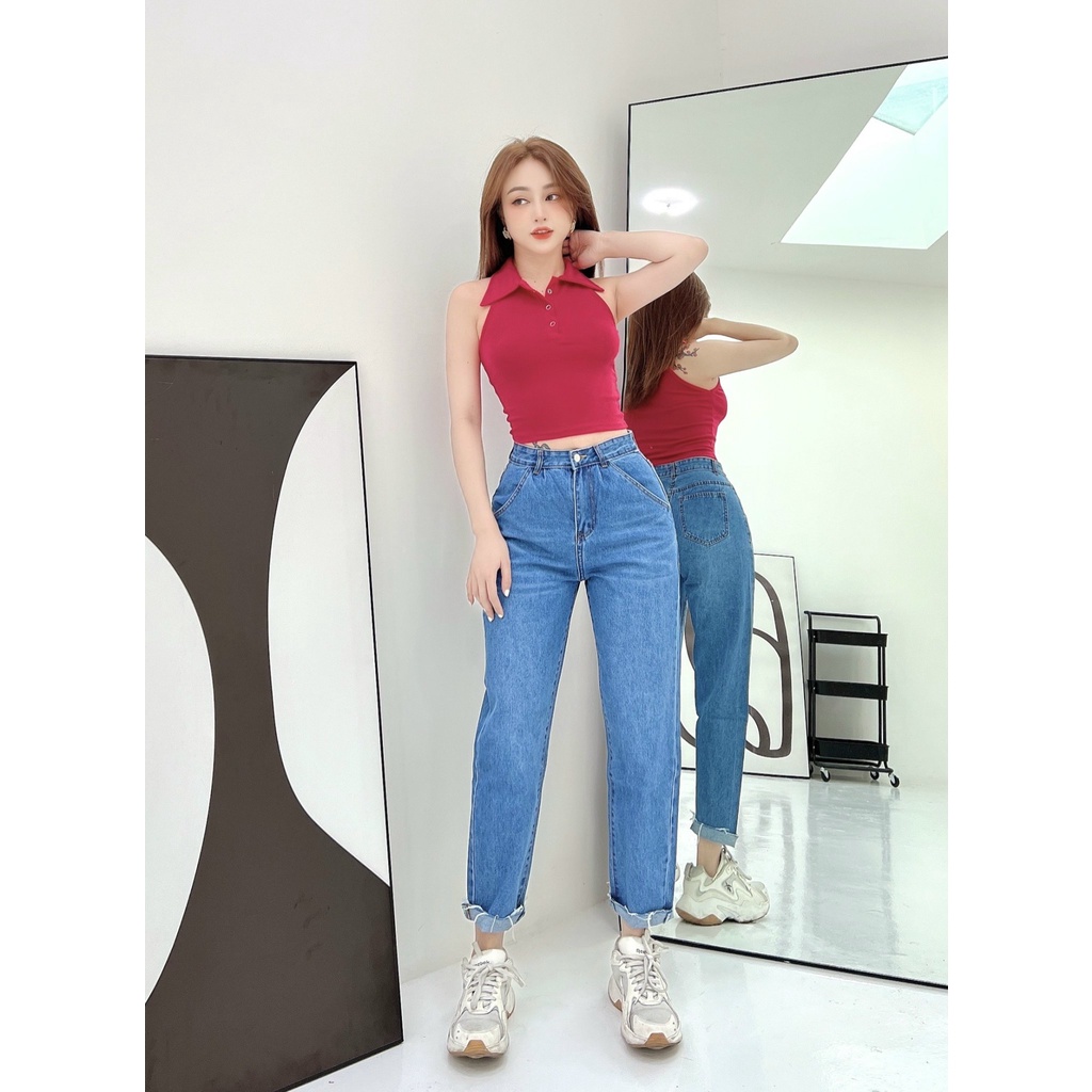 Quần jeans baggy ống suông nữ CRAZYTEEN lai rách cá tính K0301